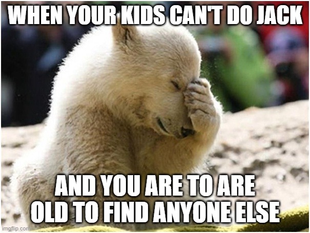pissed of bear | WHEN YOUR KIDS CAN'T DO JACK; AND YOU ARE TO ARE OLD TO FIND ANYONE ELSE | image tagged in pissed of bear | made w/ Imgflip meme maker