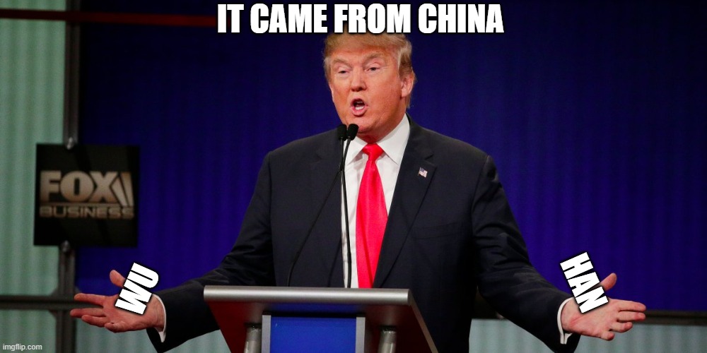 Trump arms open | IT CAME FROM CHINA; WU; HAN | image tagged in trump arms open | made w/ Imgflip meme maker