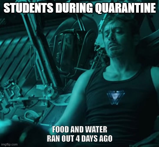 Tony stark dying on space | STUDENTS DURING QUARANTINE; FOOD AND WATER RAN OUT 4 DAYS AGO | image tagged in tony stark dying on space | made w/ Imgflip meme maker