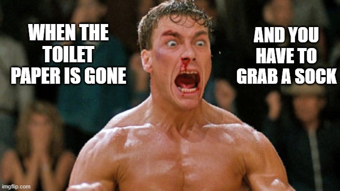 when i can't find any socks (jcvd) | AND YOU HAVE TO GRAB A SOCK; WHEN THE TOILET PAPER IS GONE | image tagged in when i can't find any socks jcvd | made w/ Imgflip meme maker