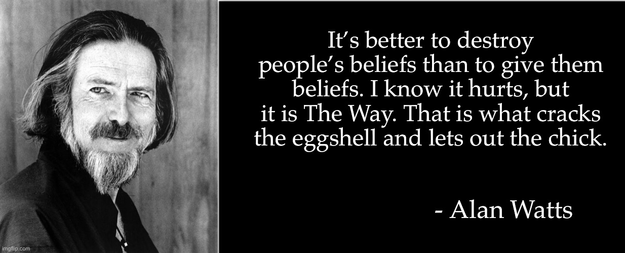 It’s better to destroy people’s beliefs than to give them beliefs. I know it hurts, but it is The Way. That is what cracks the eggshell and lets out the chick. - Alan Watts | image tagged in exmormon | made w/ Imgflip meme maker