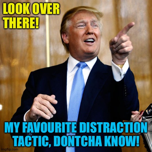 Donal Trump Birthday | LOOK OVER 
THERE! MY FAVOURITE DISTRACTION TACTIC, DONTCHA KNOW! | image tagged in donal trump birthday | made w/ Imgflip meme maker
