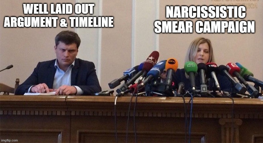 Man and woman microphone | NARCISSISTIC SMEAR CAMPAIGN; WELL LAID OUT ARGUMENT & TIMELINE | image tagged in man and woman microphone | made w/ Imgflip meme maker