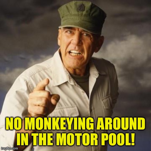 R Lee Ermey | NO MONKEYING AROUND IN THE MOTOR POOL! | image tagged in r lee ermey | made w/ Imgflip meme maker