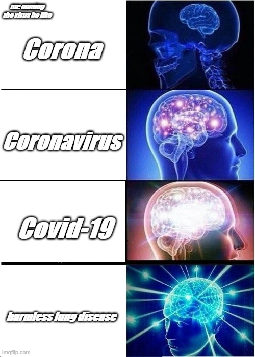 made by slenderman i forgot to add it in lol | me naming the virus be like; Corona; Coronavirus; Covid-19; harmless lung disease | image tagged in memes,expanding brain | made w/ Imgflip meme maker