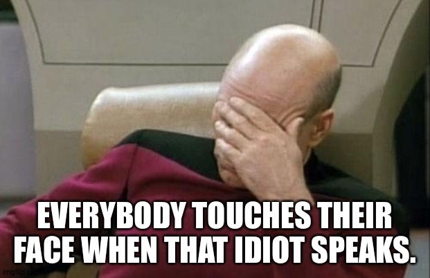 Captain Picard Facepalm Meme | EVERYBODY TOUCHES THEIR FACE WHEN THAT IDIOT SPEAKS. | image tagged in memes,captain picard facepalm | made w/ Imgflip meme maker