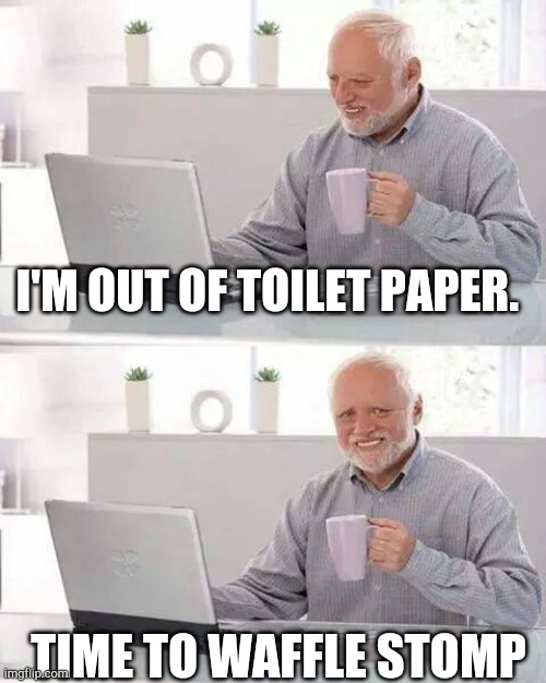 Ride the drain Harold | I'M OUT OF TOILET PAPER. TIME TO WAFFLE STOMP | image tagged in memes,hide the pain harold | made w/ Imgflip meme maker
