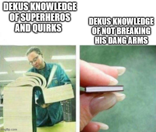 so true tho | DEKUS KNOWLEDGE OF NOT BREAKING HIS DANG ARMS; DEKUS KNOWLEDGE OF SUPERHEROS AND QUIRKS | image tagged in my knowledge of blank,anime,my hero academia | made w/ Imgflip meme maker