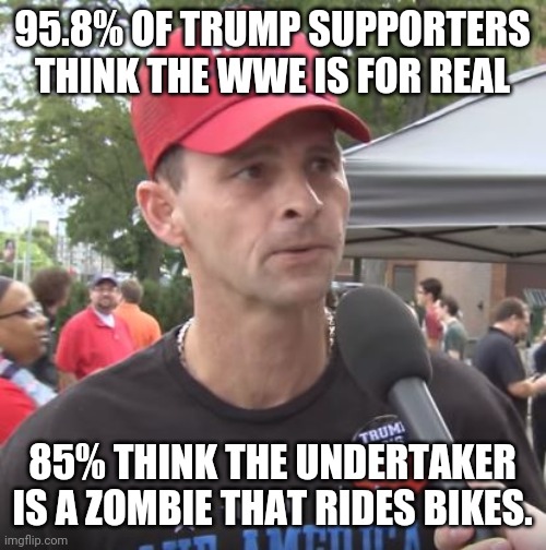 Trump supporter wwe | 95.8% OF TRUMP SUPPORTERS THINK THE WWE IS FOR REAL; 85% THINK THE UNDERTAKER IS A ZOMBIE THAT RIDES BIKES. | image tagged in trump supporter,pro wrestling,wrestling,donald trump,conservatives | made w/ Imgflip meme maker
