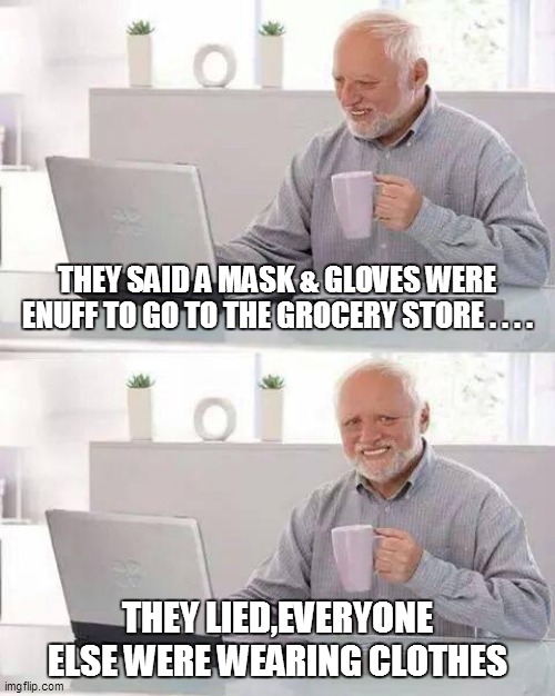 Hide the Pain Harold Meme | THEY SAID A MASK & GLOVES WERE ENUFF TO GO TO THE GROCERY STORE . . . . THEY LIED,EVERYONE ELSE WERE WEARING CLOTHES | image tagged in coronavirus,funny,funny memes,funny meme,lol so funny,too funny | made w/ Imgflip meme maker