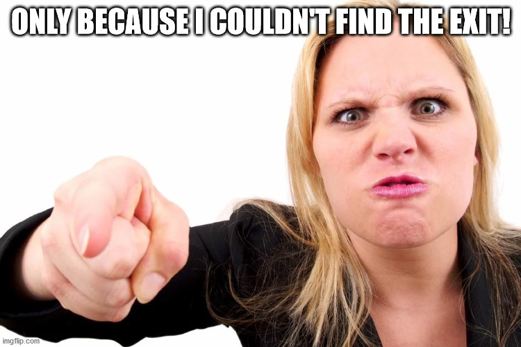 Offended woman | ONLY BECAUSE I COULDN'T FIND THE EXIT! | image tagged in offended woman | made w/ Imgflip meme maker