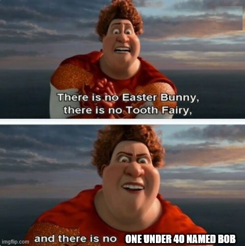 TIGHTEN MEGAMIND "THERE IS NO EASTER BUNNY" | ONE UNDER 40 NAMED BOB | image tagged in tighten megamind there is no easter bunny | made w/ Imgflip meme maker