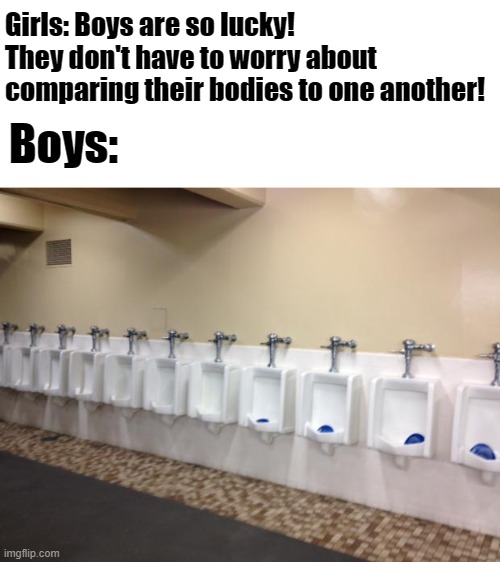 Row of urinals | Girls: Boys are so lucky! They don't have to worry about comparing their bodies to one another! Boys: | image tagged in row of urinals | made w/ Imgflip meme maker