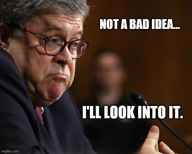 Bill Barr | NOT A BAD IDEA... I'LL LOOK INTO IT. | image tagged in bill barr | made w/ Imgflip meme maker
