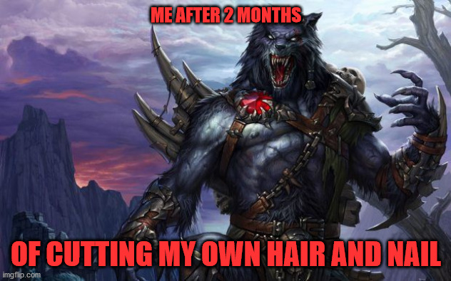 hair and nails werewolf | ME AFTER 2 MONTHS; OF CUTTING MY OWN HAIR AND NAIL | image tagged in quarantine | made w/ Imgflip meme maker