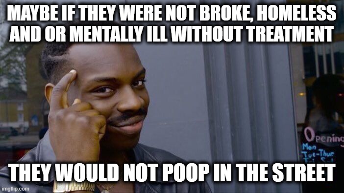 Roll Safe Think About It Meme | MAYBE IF THEY WERE NOT BROKE, HOMELESS AND OR MENTALLY ILL WITHOUT TREATMENT THEY WOULD NOT POOP IN THE STREET | image tagged in memes,roll safe think about it | made w/ Imgflip meme maker