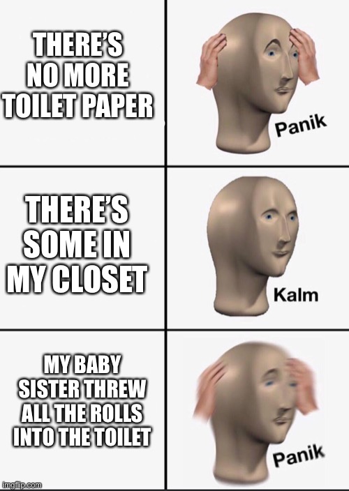 Panik | THERE’S NO MORE TOILET PAPER; THERE’S SOME IN MY CLOSET; MY BABY SISTER THREW ALL THE ROLLS INTO THE TOILET | image tagged in panik | made w/ Imgflip meme maker