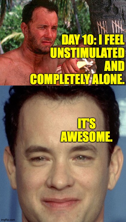 Silver lining. | DAY 10: I FEEL
UNSTIMULATED
AND
COMPLETELY ALONE. IT'S AWESOME. | image tagged in tom hanks castaway tree,memes,covid-19,peace and quiet,silver lining | made w/ Imgflip meme maker