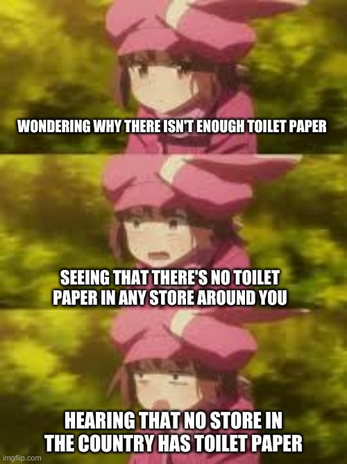 Llenn suprised | WONDERING WHY THERE ISN'T ENOUGH TOILET PAPER; SEEING THAT THERE'S NO TOILET PAPER IN ANY STORE AROUND YOU; HEARING THAT NO STORE IN THE COUNTRY HAS TOILET PAPER | image tagged in llenn suprised | made w/ Imgflip meme maker