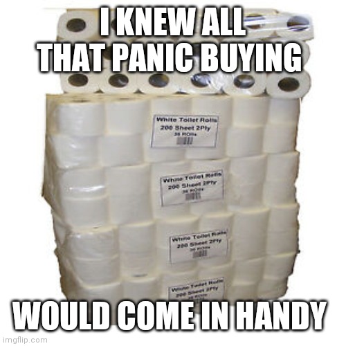 I KNEW ALL THAT PANIC BUYING WOULD COME IN HANDY | made w/ Imgflip meme maker