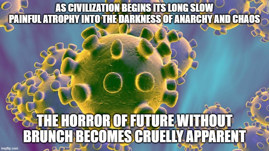 Coronavirus | AS CIVILIZATION BEGINS ITS LONG SLOW PAINFUL ATROPHY INTO THE DARKNESS OF ANARCHY AND CHAOS; THE HORROR OF FUTURE WITHOUT BRUNCH BECOMES CRUELLY APPARENT | image tagged in coronavirus | made w/ Imgflip meme maker