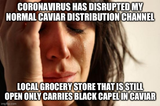 First World Problems | CORONAVIRUS HAS DISRUPTED MY NORMAL CAVIAR DISTRIBUTION CHANNEL; LOCAL GROCERY STORE THAT IS STILL OPEN ONLY CARRIES BLACK CAPEL IN CAVIAR | image tagged in memes,first world problems,memes | made w/ Imgflip meme maker