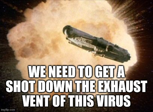 Star Wars Exploding Death Star | WE NEED TO GET A SHOT DOWN THE EXHAUST VENT OF THIS VIRUS | image tagged in star wars exploding death star | made w/ Imgflip meme maker
