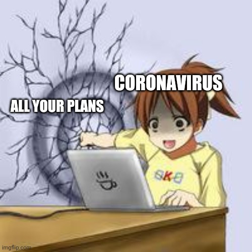 Anime wall punch | CORONAVIRUS; ALL YOUR PLANS | image tagged in anime wall punch,coronavirus,memes,making plans,anime | made w/ Imgflip meme maker