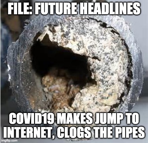 making the jump | FILE: FUTURE HEADLINES; COVID19 MAKES JUMP TO INTERNET, CLOGS THE PIPES | image tagged in covid19,coronavirus,internet,www,virus,viral | made w/ Imgflip meme maker