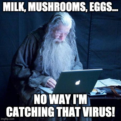 Gandalf Online Shopping | MILK, MUSHROOMS, EGGS... NO WAY I'M CATCHING THAT VIRUS! | image tagged in computer gandalf,covid-19,shopping,online | made w/ Imgflip meme maker
