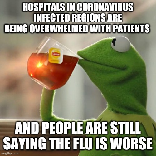 But That's None Of My Business | HOSPITALS IN CORONAVIRUS INFECTED REGIONS ARE BEING OVERWHELMED WITH PATIENTS; AND PEOPLE ARE STILL SAYING THE FLU IS WORSE | image tagged in memes,but thats none of my business,kermit the frog | made w/ Imgflip meme maker
