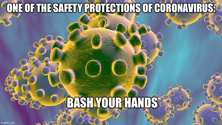 Coronavirus | ONE OF THE SAFETY PROTECTIONS OF CORONAVIRUS:; BASH YOUR HANDS | image tagged in coronavirus | made w/ Imgflip meme maker