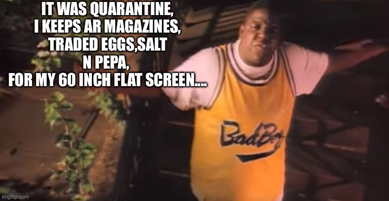 IT WAS QUARANTINE,
I KEEPS AR MAGAZINES,
TRADED EGGS,SALT N PEPA, 
FOR MY 60 INCH FLAT SCREEN.... | image tagged in quarantine | made w/ Imgflip meme maker