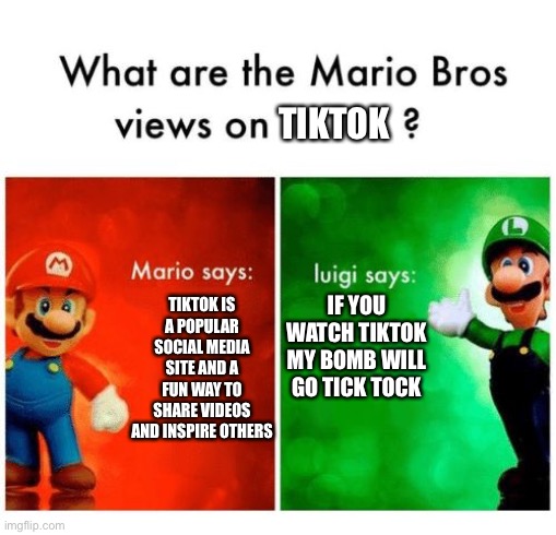 Tiktok is 100%, natural, organic cringe and stupidity. | TIKTOK; IF YOU WATCH TIKTOK MY BOMB WILL GO TICK TOCK; TIKTOK IS A POPULAR SOCIAL MEDIA SITE AND A FUN WAY TO SHARE VIDEOS AND INSPIRE OTHERS | image tagged in mario says luigi says,tiktok sucks,memes | made w/ Imgflip meme maker