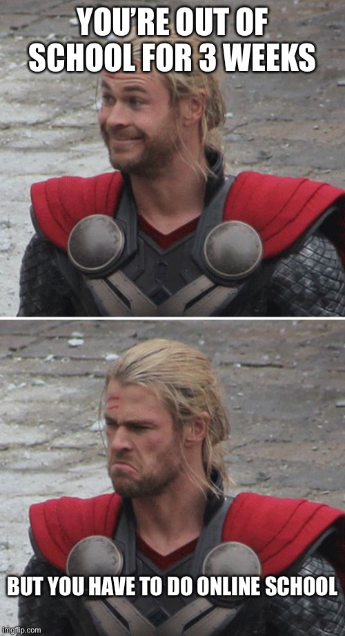 Thor happy then sad | YOU’RE OUT OF SCHOOL FOR 3 WEEKS; BUT YOU HAVE TO DO ONLINE SCHOOL | image tagged in thor happy then sad | made w/ Imgflip meme maker
