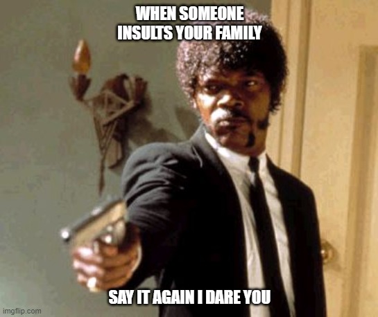 Say That Again I Dare You | WHEN SOMEONE INSULTS YOUR FAMILY; SAY IT AGAIN I DARE YOU | image tagged in memes,say that again i dare you | made w/ Imgflip meme maker