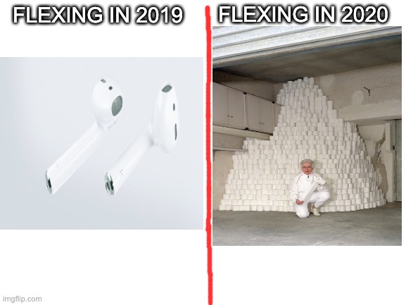 Ah, Yes, Flexing Toilet Paper | FLEXING IN 2020; FLEXING IN 2019 | image tagged in blank white template,memes,funny,lol,who would win,toilet paper | made w/ Imgflip meme maker