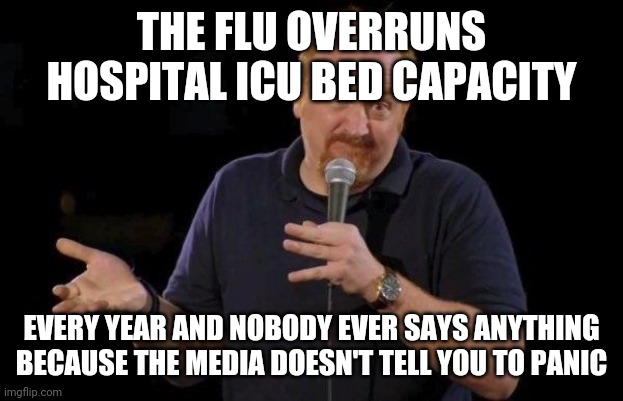 Louis ck but maybe | THE FLU OVERRUNS HOSPITAL ICU BED CAPACITY EVERY YEAR AND NOBODY EVER SAYS ANYTHING BECAUSE THE MEDIA DOESN'T TELL YOU TO PANIC | image tagged in louis ck but maybe | made w/ Imgflip meme maker