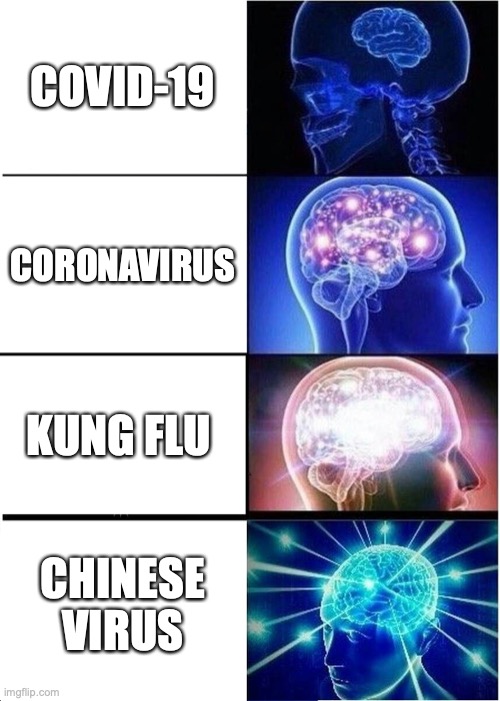 Expanding Brain | COVID-19; CORONAVIRUS; KUNG FLU; CHINESE VIRUS | image tagged in memes,expanding brain | made w/ Imgflip meme maker