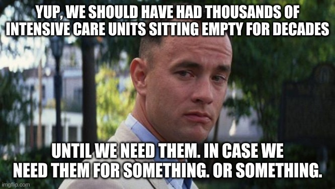 Forrest Gump | YUP, WE SHOULD HAVE HAD THOUSANDS OF INTENSIVE CARE UNITS SITTING EMPTY FOR DECADES UNTIL WE NEED THEM. IN CASE WE NEED THEM FOR SOMETHING.  | image tagged in forrest gump | made w/ Imgflip meme maker