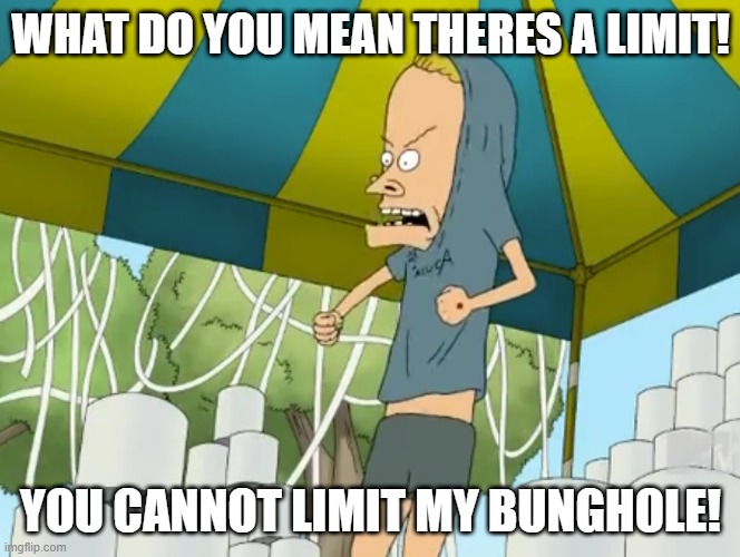 WHAT DO YOU MEAN THERES A LIMIT! YOU CANNOT LIMIT MY BUNGHOLE! | image tagged in beavis,coronavirus,cornholio | made w/ Imgflip meme maker