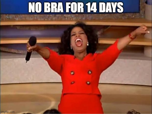 Day 5 of self isolation | NO BRA FOR 14 DAYS | image tagged in memes,oprah you get a | made w/ Imgflip meme maker
