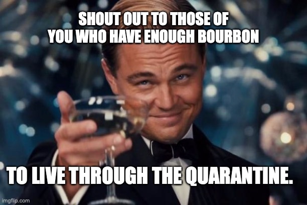 Leonardo Dicaprio Cheers | SHOUT OUT TO THOSE OF YOU WHO HAVE ENOUGH BOURBON; TO LIVE THROUGH THE QUARANTINE. | image tagged in memes,leonardo dicaprio cheers | made w/ Imgflip meme maker