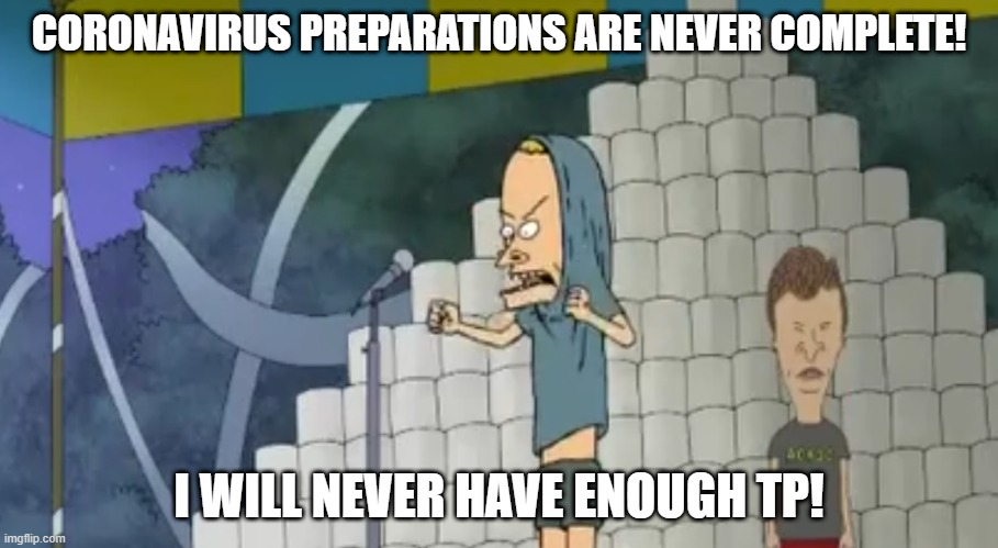 CORONAVIRUS PREPARATIONS ARE NEVER COMPLETE! I WILL NEVER HAVE ENOUGH TP! | image tagged in beavis,coronavirus,cornholio | made w/ Imgflip meme maker