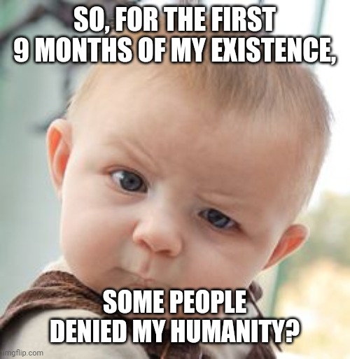 Skeptical Baby |  SO, FOR THE FIRST 9 MONTHS OF MY EXISTENCE, SOME PEOPLE DENIED MY HUMANITY? | image tagged in memes,skeptical baby | made w/ Imgflip meme maker