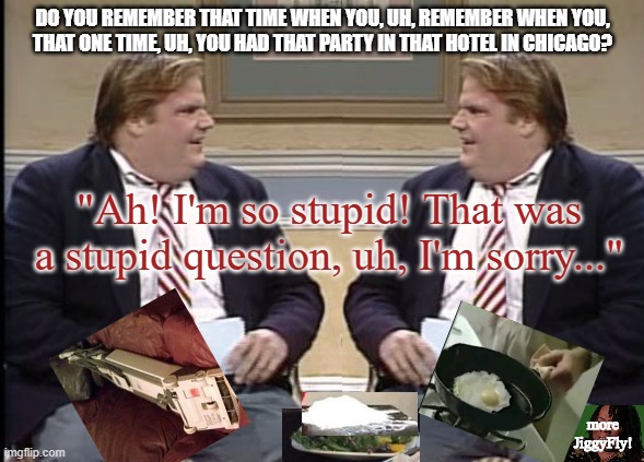 Chris Farley Show | DO YOU REMEMBER THAT TIME WHEN YOU, UH, REMEMBER WHEN YOU,
THAT ONE TIME, UH, YOU HAD THAT PARTY IN THAT HOTEL IN CHICAGO? "Ah! I'm so stupid! That was a stupid question, uh, I'm sorry..."; more JiggyFly! | image tagged in chris farley show | made w/ Imgflip meme maker