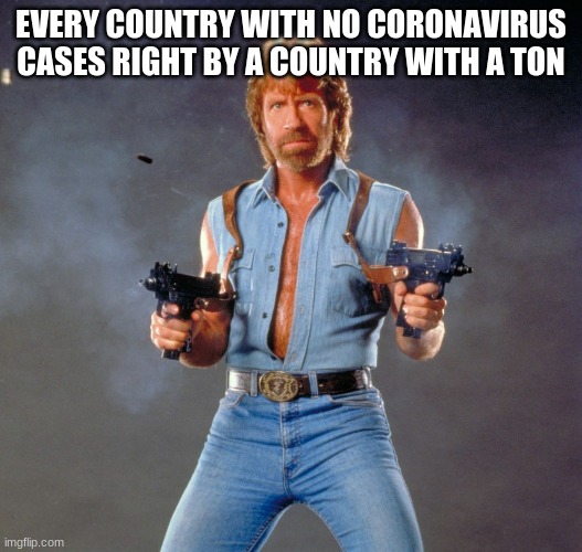 Chuck Norris Guns Meme | EVERY COUNTRY WITH NO CORONAVIRUS CASES RIGHT BY A COUNTRY WITH A TON | image tagged in memes,chuck norris guns,chuck norris | made w/ Imgflip meme maker