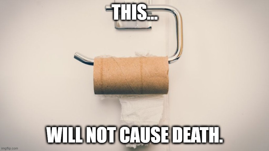 Toilet paper death | THIS... WILL NOT CAUSE DEATH. | image tagged in toilet paper,covid-19,coronavirus | made w/ Imgflip meme maker