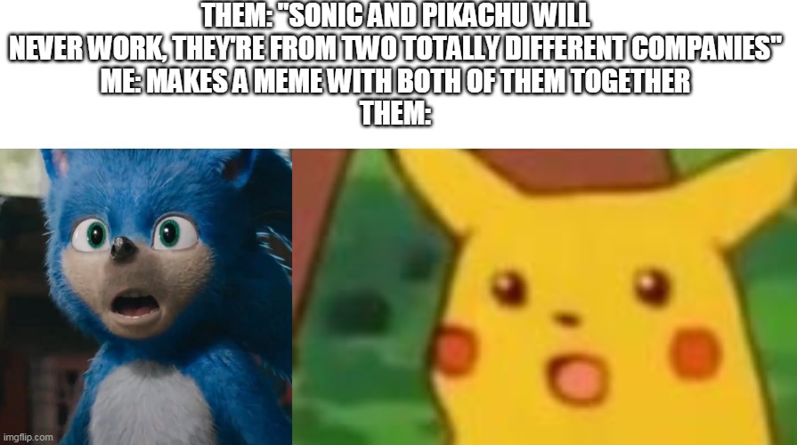 THEM: "SONIC AND PIKACHU WILL NEVER WORK, THEY'RE FROM TWO TOTALLY DIFFERENT COMPANIES"
ME: MAKES A MEME WITH BOTH OF THEM TOGETHER
THEM: | image tagged in sonic movie | made w/ Imgflip meme maker
