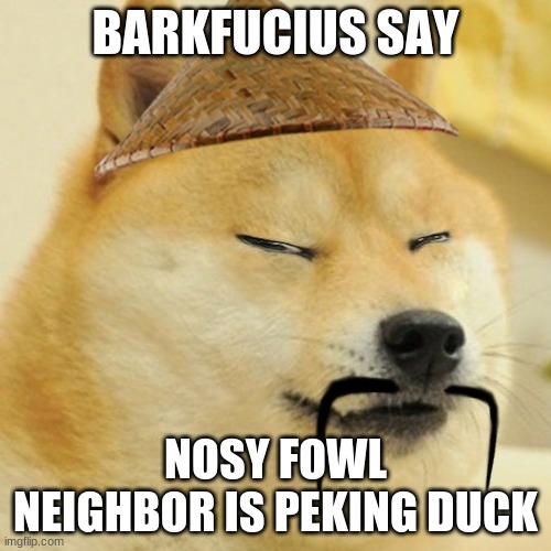 Barkfucius asian Doge Barkfucious | BARKFUCIUS SAY; NOSY FOWL NEIGHBOR IS PEKING DUCK | image tagged in barkfucius asian doge barkfucious | made w/ Imgflip meme maker